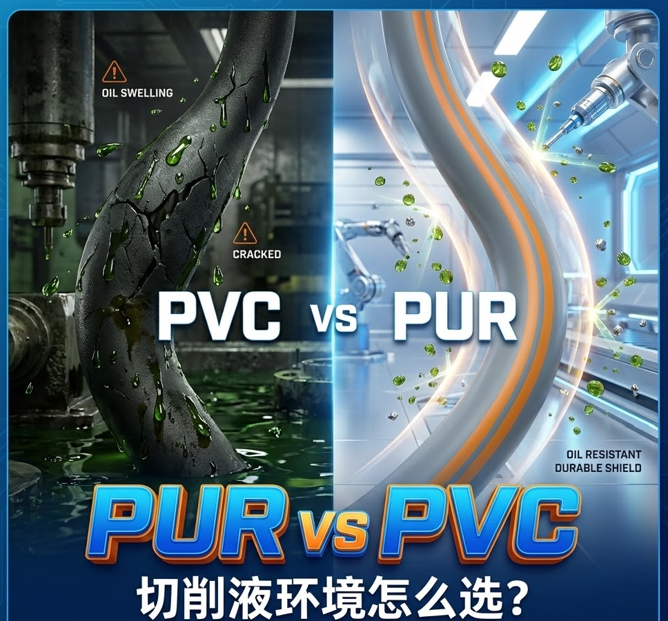 PUR vs PVC：机床切削液环境下，你的拖链电缆选对护套了吗？